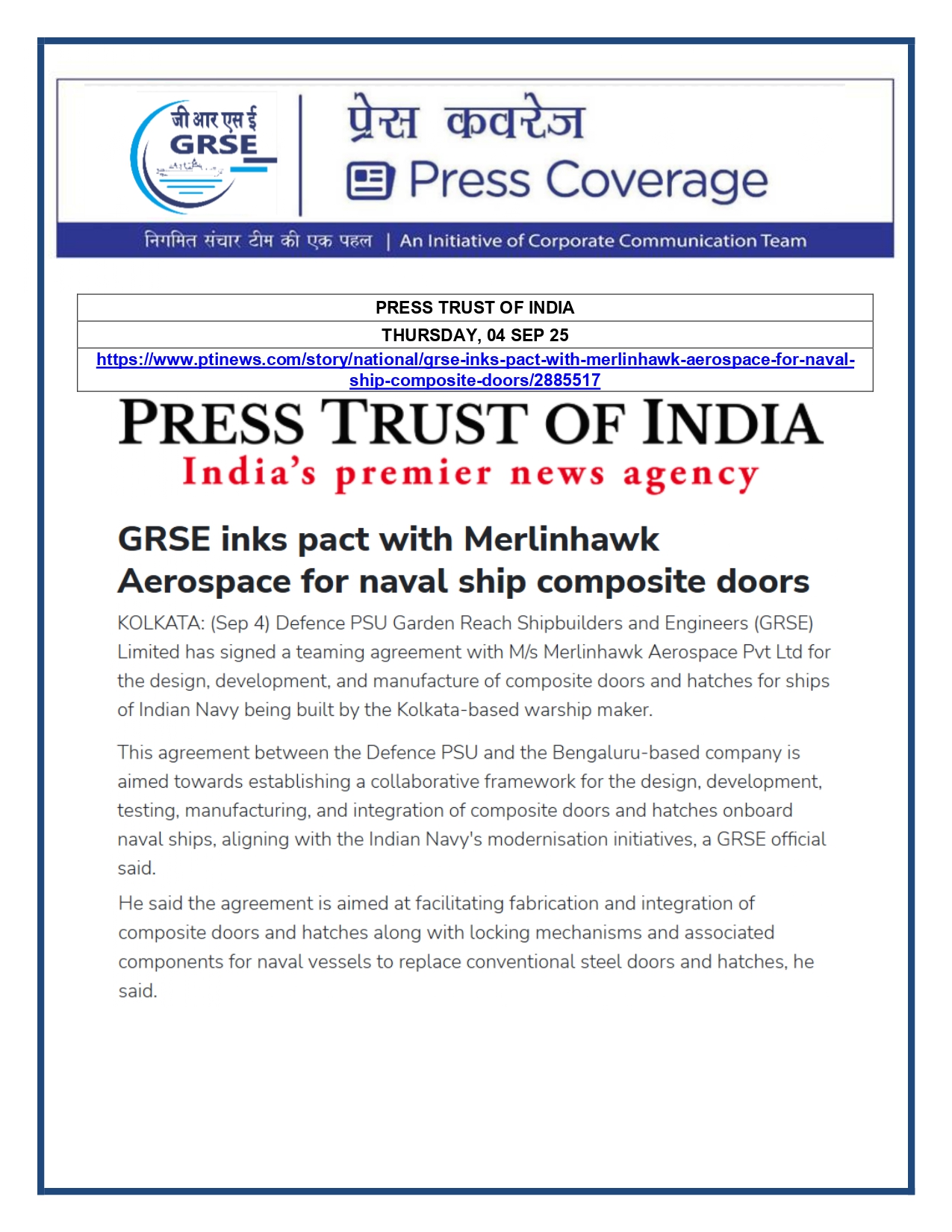Press Coverage : 04 Sept 25:GRSE inks pact with Merlinhawk Aerospace for naval ship composite doors